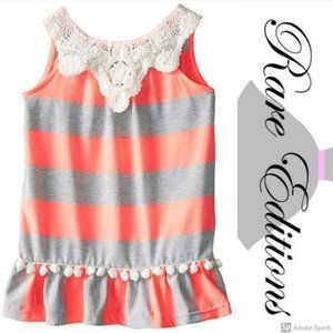 Rare Editions Girls 2T Crochet Yoke Pom Pom Trim Knit Float Dress Coral Grey NWT